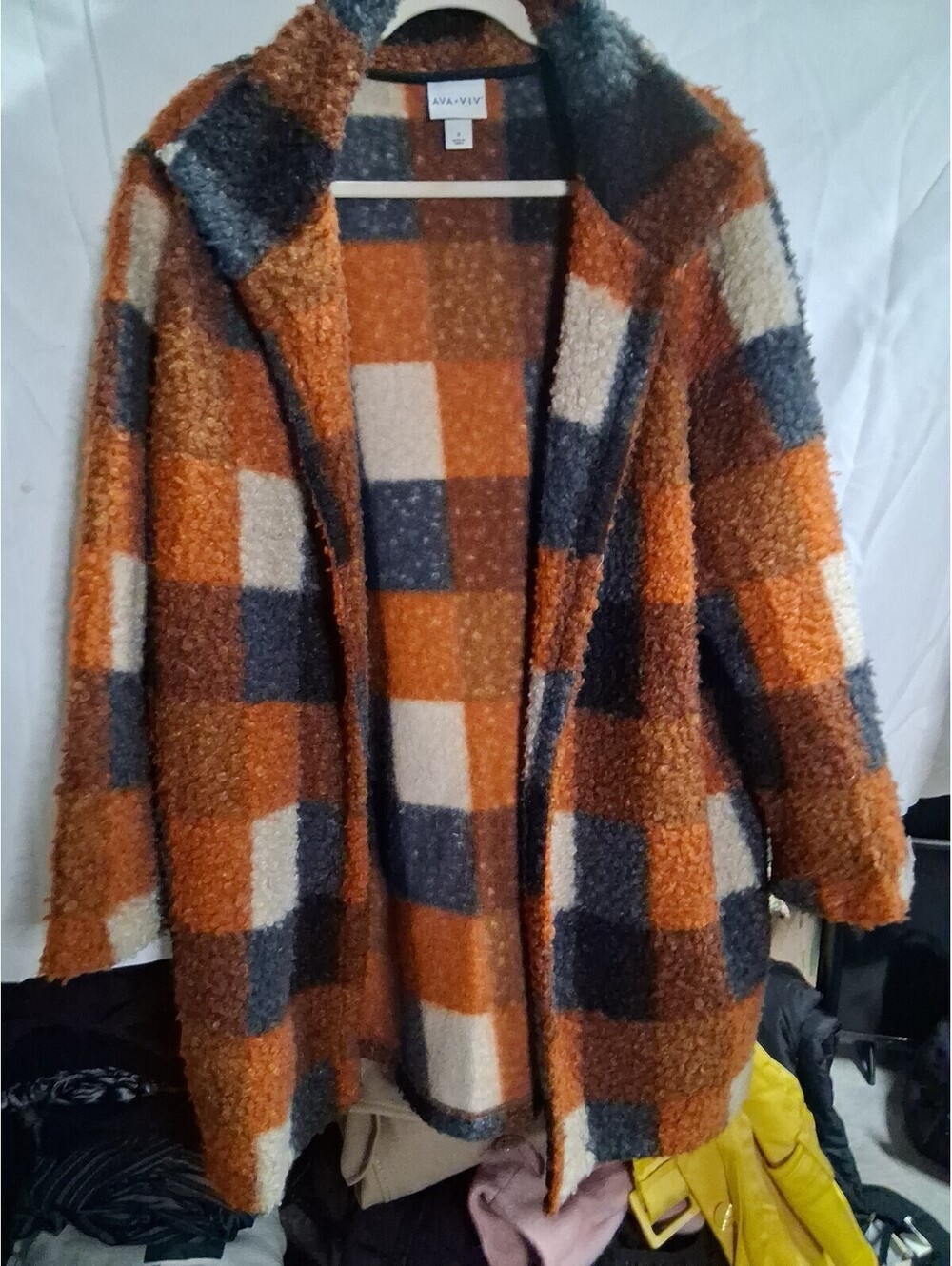 Ava & Viv Plus 1X Plaid Open Front Mid-Length Jacket, Long Sleeve, Relaxed Fit